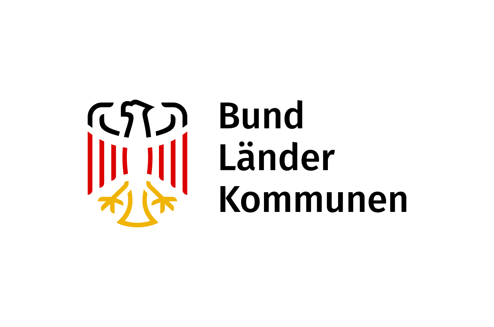Vereinfachter Bundesadler in Schwarz, Rot und Gold neben dem dreizeiligen Schriftzug „Bund Länder Kommunen“.